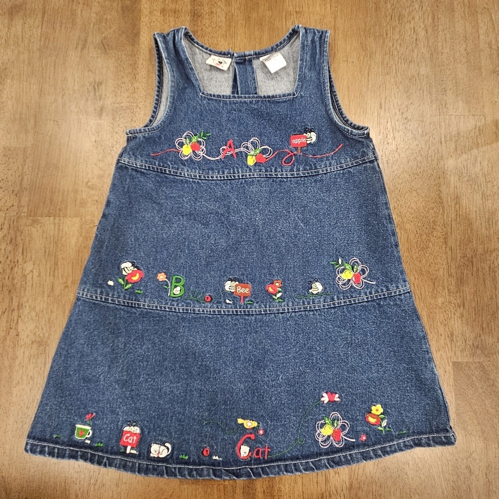 Vintage Duck Head Denim Jumper Dress Girls Size 5 Embroidered ABC's Cottagecore